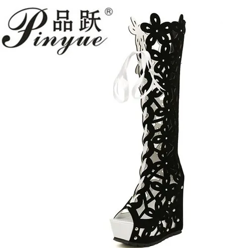 

Charming Roman Open Toe Hollow Summer Boots Wedges High-heeled Platform Boots Gladiator Sandals Women Knee High 2018