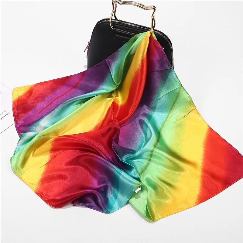 

Gradient Rainbow Square Satin Scarf Head Neck Scarf Foulard Femme Bandana Elegant Women's Hair Tie Band Wrap Handkerchief Sjaal
