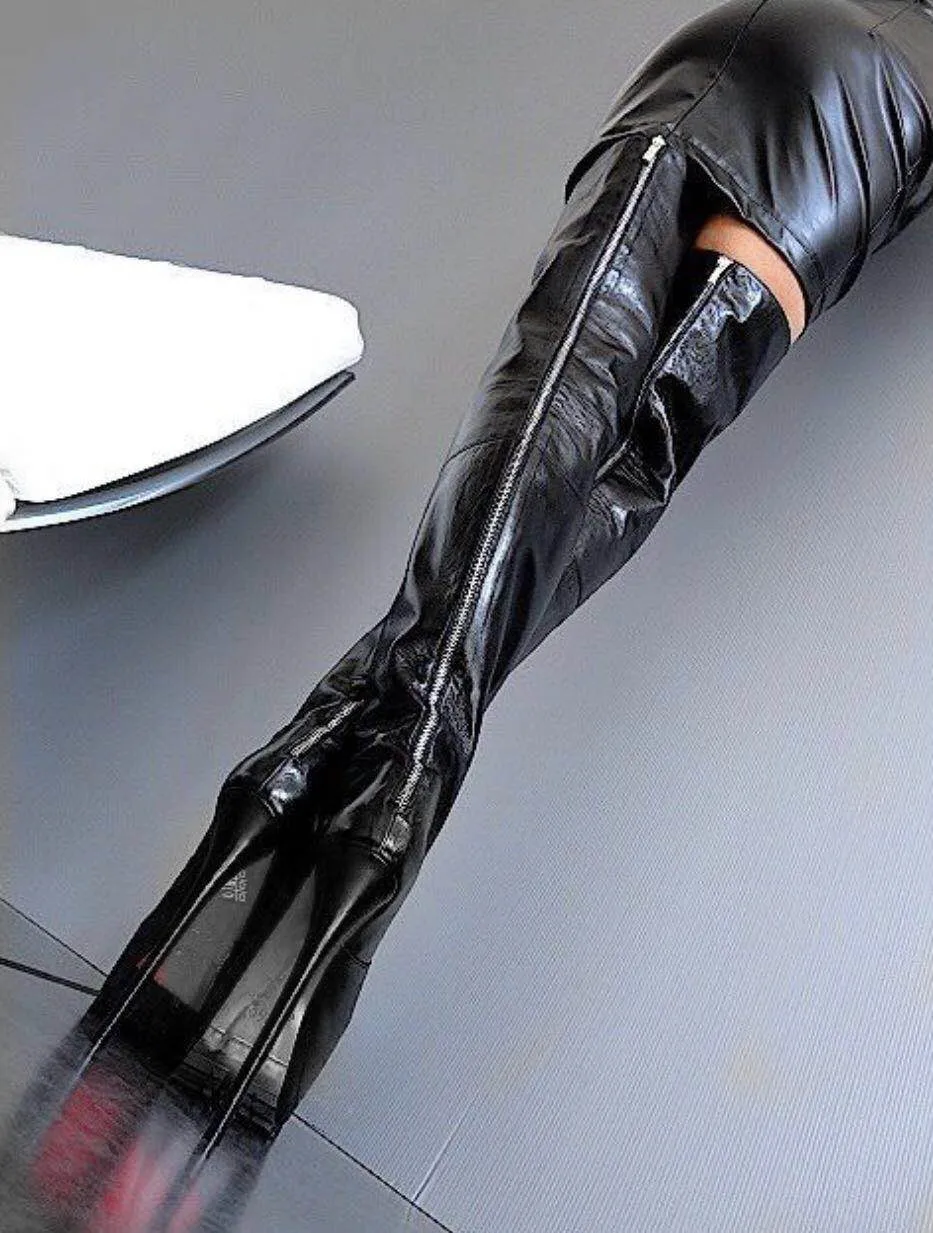 Kopen Botas feminina sexy platform schoenen vrouw dij hoge over de knie laarzen zwart kruis lederen regen botines extreme hoge hak