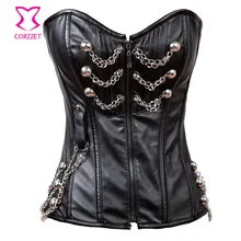 Zipper Steel Boned Black Leather Corset Corselet Preto Waist Trainer Steampunk Corsets And Bustiers Gothic Korsett For Women