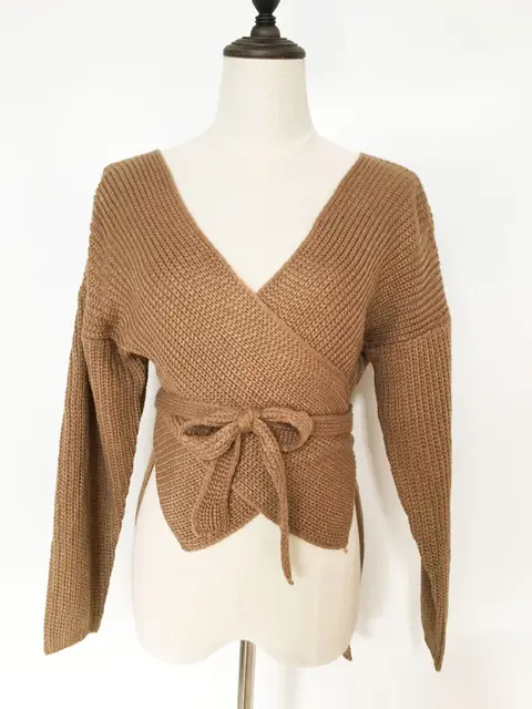 Hirigin Women Sweaters Crop Top Casual Long sleeve Knitted Loose Sweater Knitwear For Women Belt Deep V Neck Outwear Fashion 8