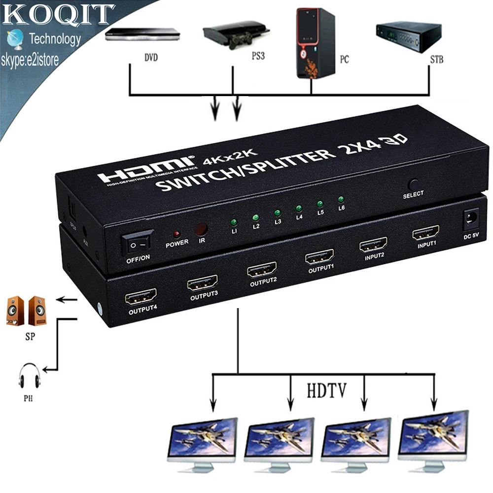 

4K*2K HDMI 2x4 Matrix + Audio Extractor HDMI Switch Splitter Converter Adapter With Remote Control 2 in 4 out 4K 3D 1080p v1.4