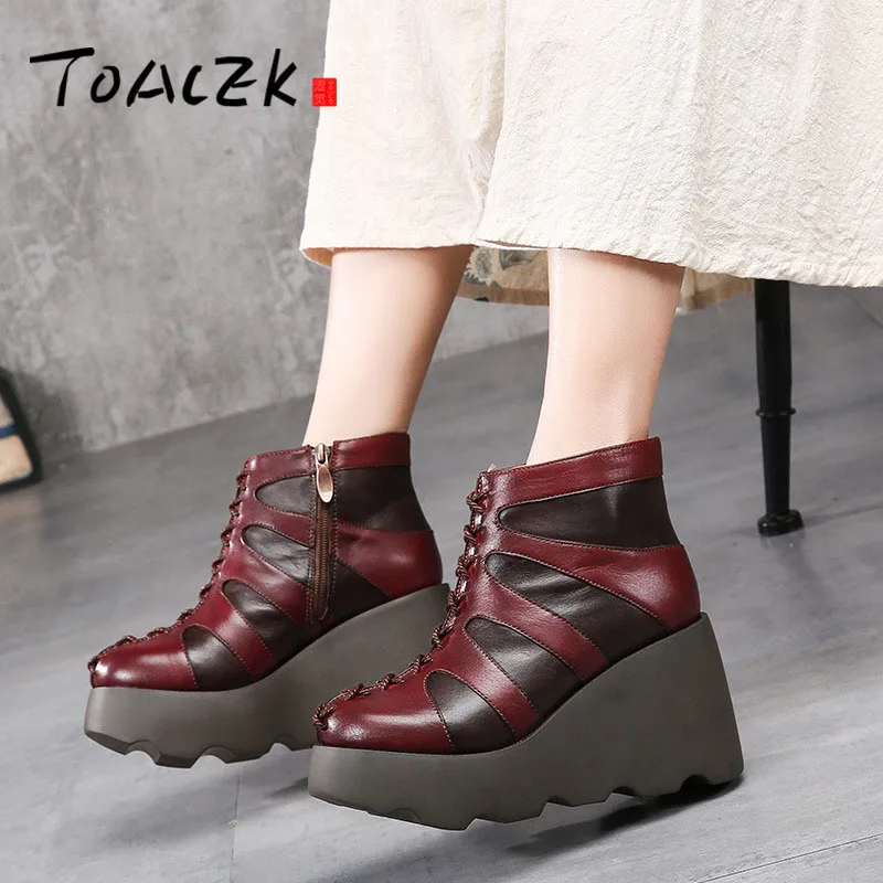 Stiefel Leder Zehen Stiefeletten Frauen 1 Flache Lace Runde Plattform Up 2 Sticken Echtes Schuhe Handgemachte qwXpxzU7U