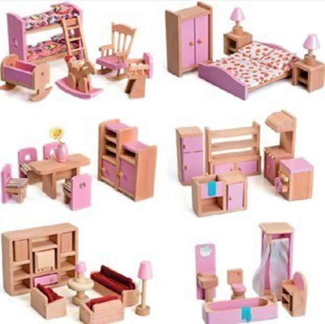 6 styles wooden dollhouse furniture set , kid room bedroom miniature