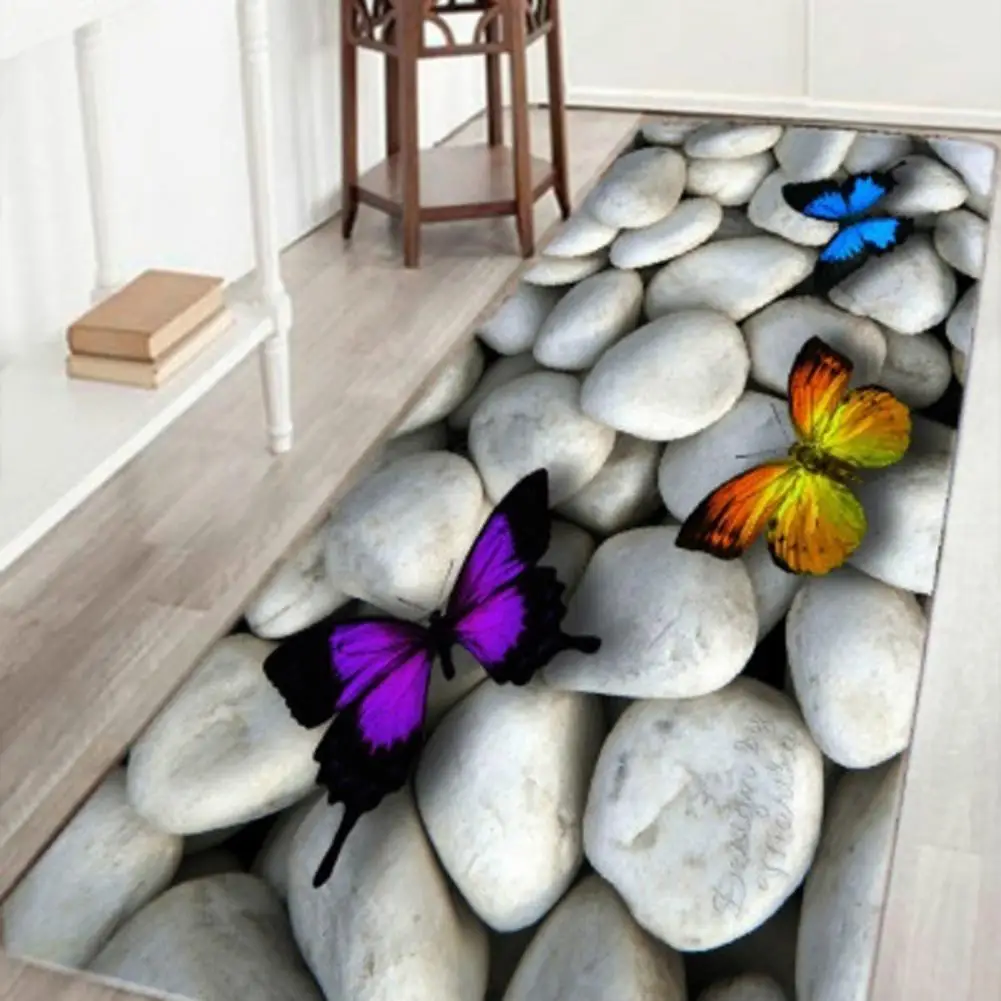 

Flannel Cobblestone Butterfly Pattern 3D Printed Floor Mat Kitchen Bathroom Non-slip Soft Carpets Absorbent Rug Carpet Doormat