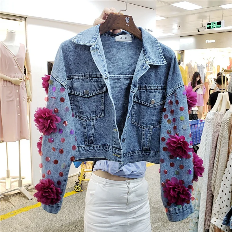 

SexeMara fashion The New Loose Heavy work Sequin Three-dimensional flower denim jacket Free shipping