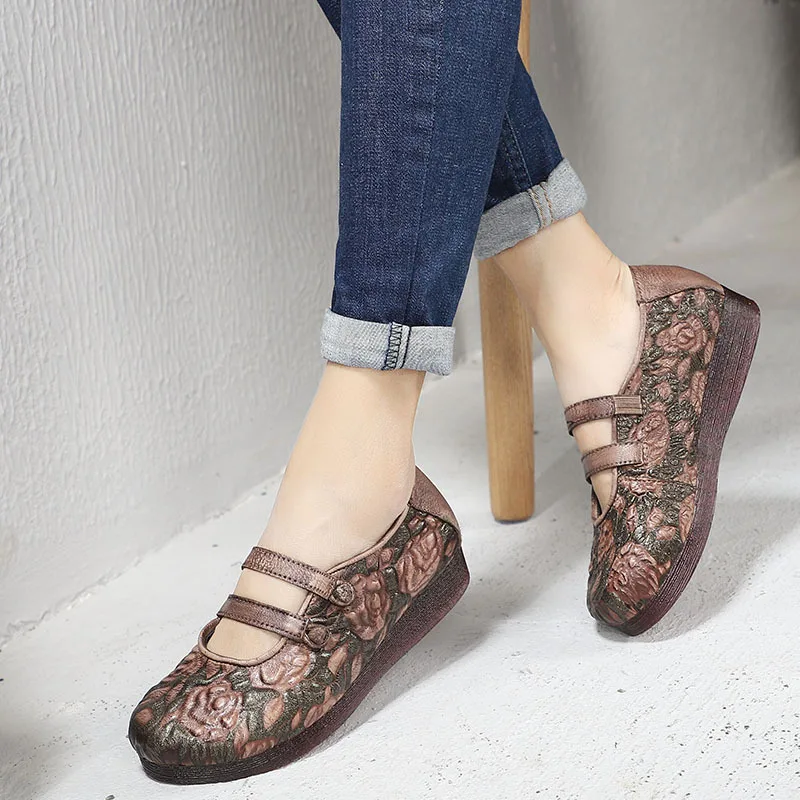 

Artdiya 2019 Spring Retro Folk Style Women Shoes Genuine Leather Printed Flowers Buckle Soft Sole Flat Mother's Shoes H86-371