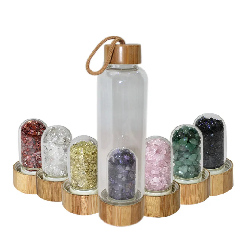 

2019 New Gemstone Healing Glass 100% Natural Crystal Quartz Gravel Energy Elixir Drink Water Bottle Wood Cap for Gift
