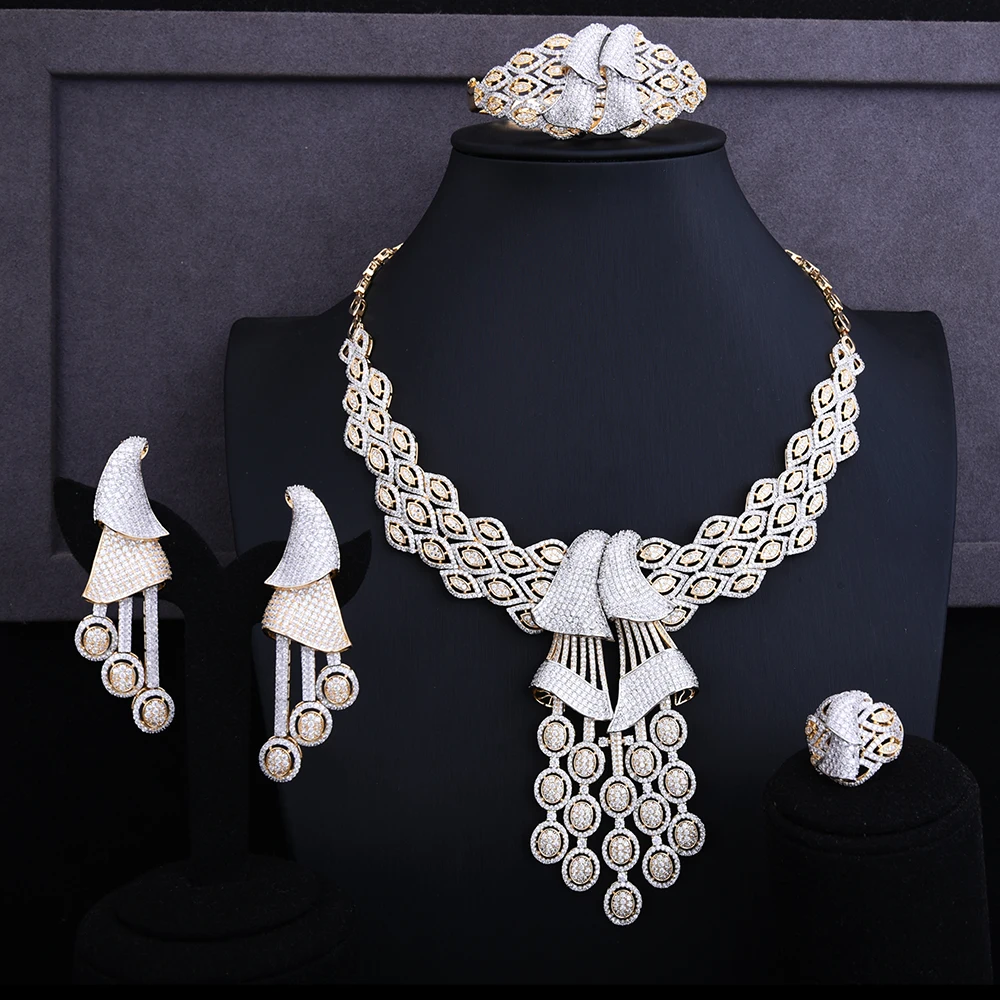 GODKI Super Luxury Boom Rose Flower Cluster Women Wedding Cubic Zirconia Statement Necklace Earring Bangle Ring Jewelry Set