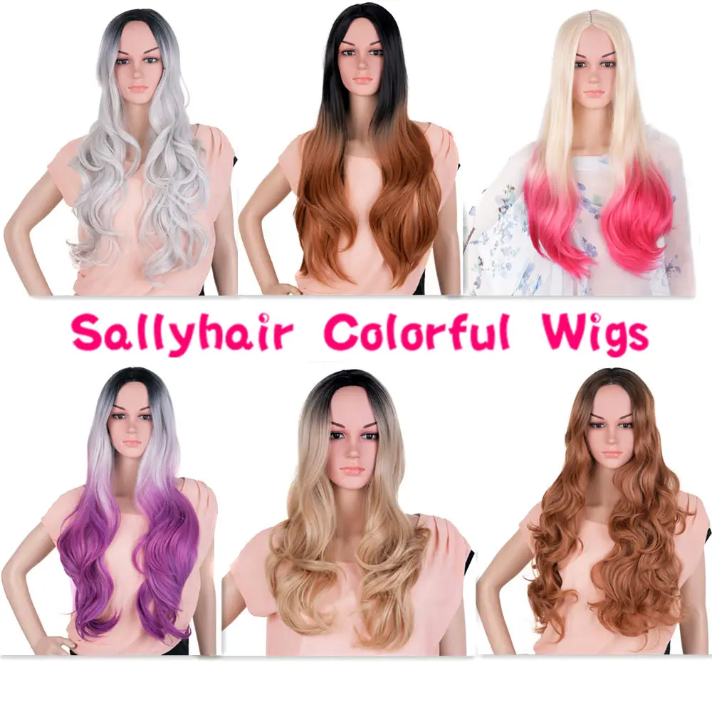 Sallyhair термостойкие синтетические парики 26 дюймов Омбре черный серый фиолетовый цвета натуральные длинные волнистые волосы парик без челки без кружева