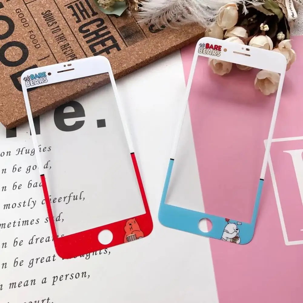 

10sets/lot Cartoon Bare Solar Bear Chips Carbon Fiber Front Screen tempered glass Protector For iPhone8 6S/7PLUS body Protection
