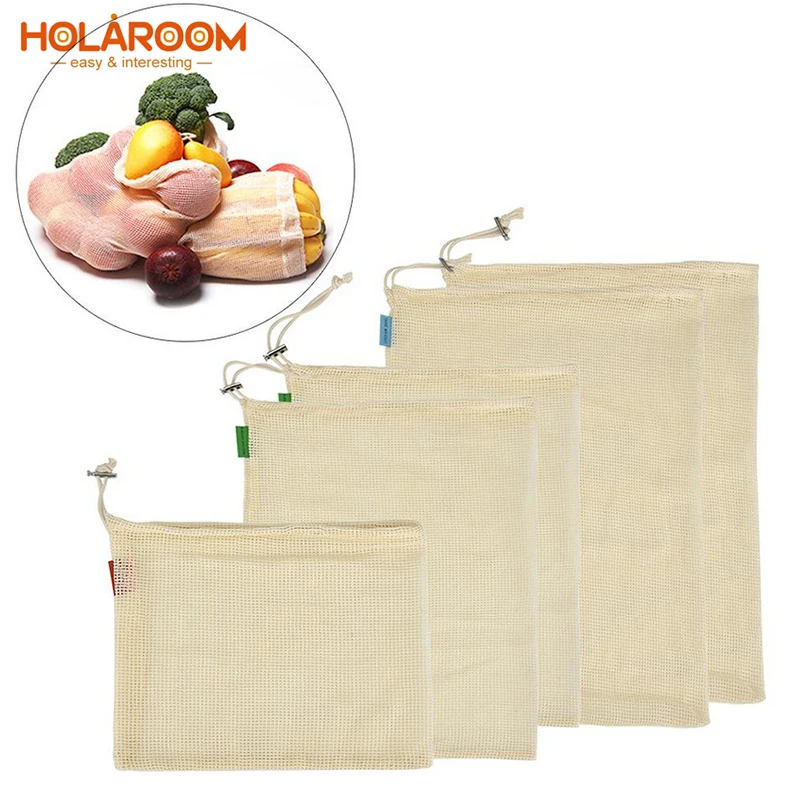 Reusable Fruits And Vegetables Storage Mesh Bag Kitchen Bags With Drawstring Eco-friendly Shopping Bundle Pocket | Дом и сад