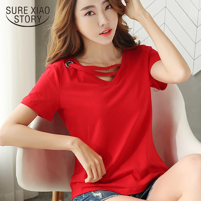 

fashion 2019 women t-shirt casual summer tops v collar t shirt short sleeve women shirts white T-shirt womens clothing 2573 50