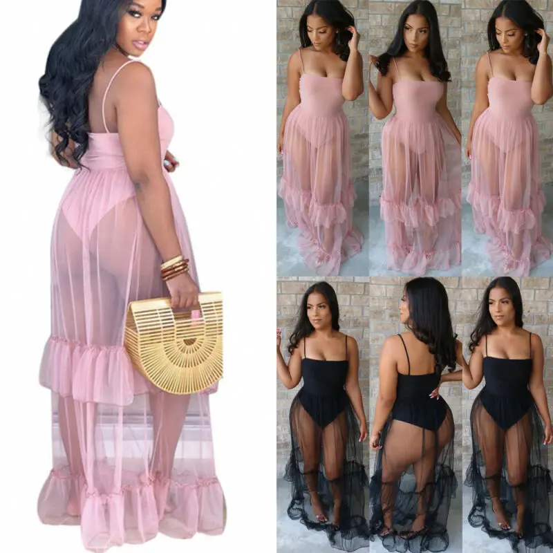 

Summer Sexy Women Dress Cover Ups See-through Mesh Sheer Maxi Dress Tulle Lace Ruffle Long Dress