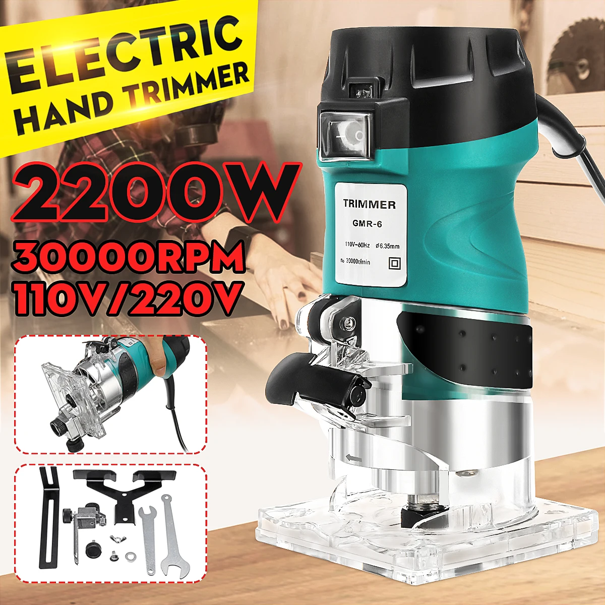 

Electric Hand Trimmer 1/4" 6.35mm Wood Laminate Palms Router Joiners Woodworking Power Tool Wood Router Edging Carving Machine