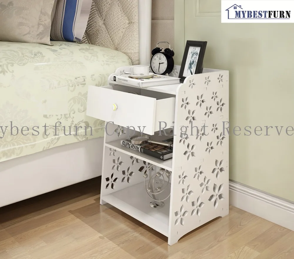 Mybestfurn منضدة الخشب كبير الحجم الأبيض ، منحوتة زهرة درج منضدة نهاية طاولة السرير خزانة 255C (التخزين في usa ، الصين)