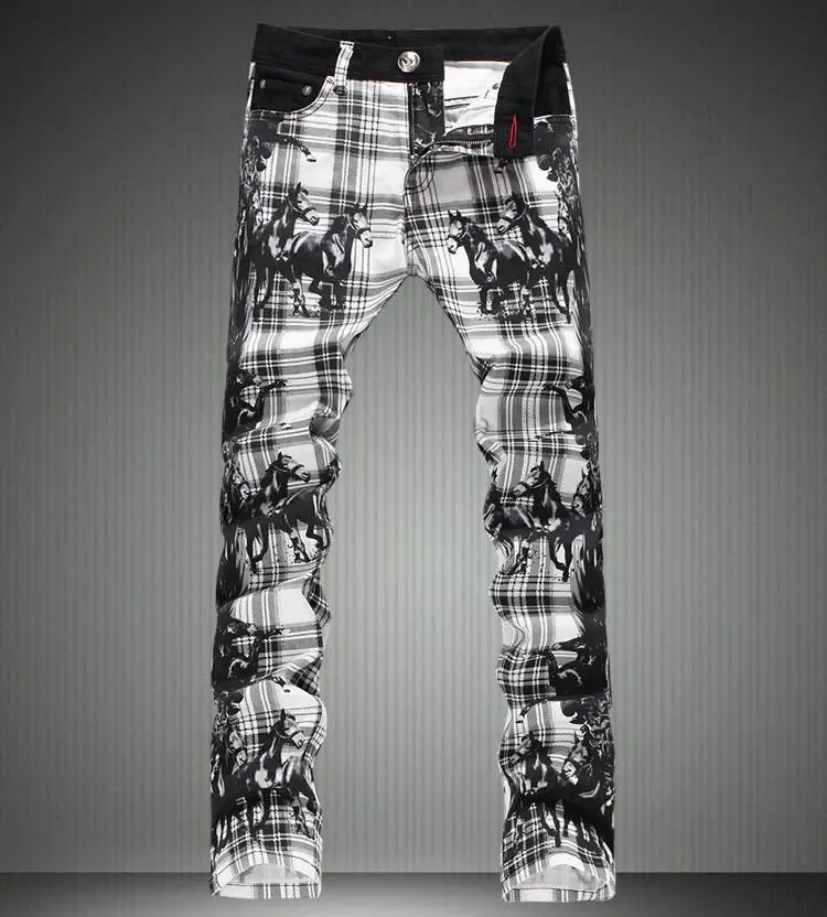 

New Men Horse Print Plaid Denim Trousers Fashion Slim Jeans