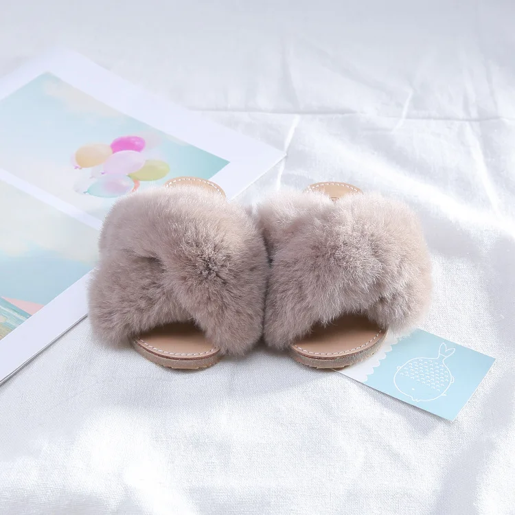 New Spring Plush Slippers Girls Slippers Real Rabbit Fur Shoes Open Toe Slippers All-match Childrens Shoes Summer Home Slippers