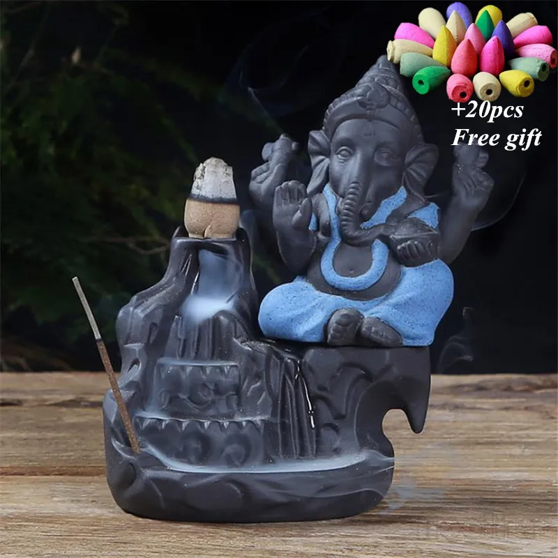 Ganesha курильница для благовоний горелка Бог слон благоприятный и символ успеха водопад курильница домашний декор+ 20 шт Бесплатные конусы - Цвет: B Blue-20pcs Mixed