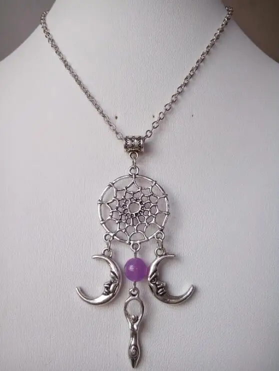 

Purple Stone Dreamcatcher Fertility Goddess Pendant Necklace Vintage Antique Silver Moon Dream Catcher Charm Statement Necklace