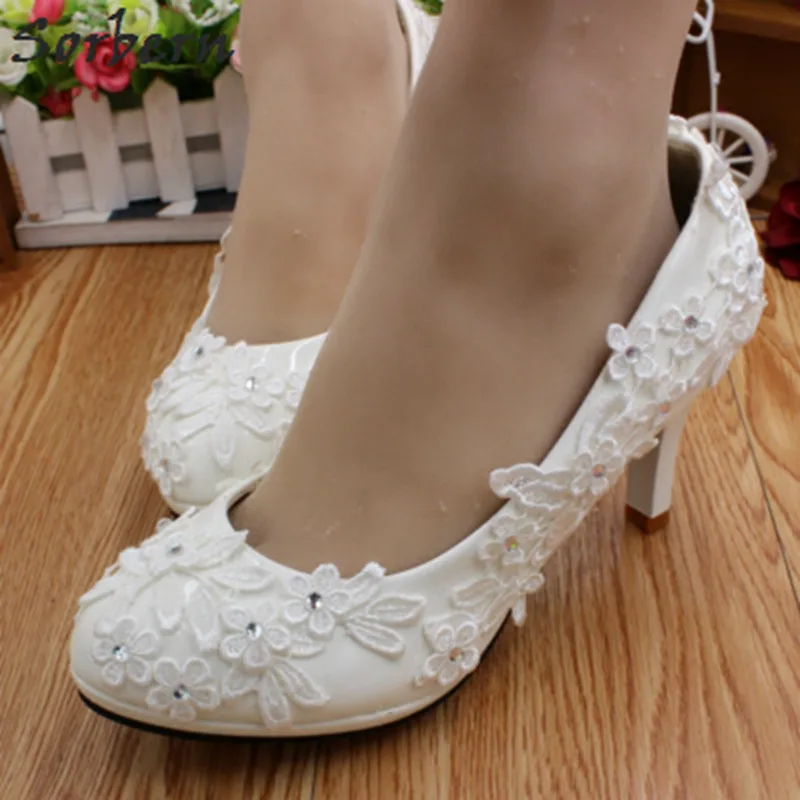 Sorbern White Flower Appliques Wedding Shoes 3/5/8Cm High Sorbern White Flower Appliques Wedding Shoes 3/5/8Cm High