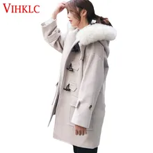 Шерстяное женское длинное зимнее пальто с роговыми пряжками и толстым меховым воротником с капюшоном в Корейском стиле, повседневное Новое Однотонное шерстяное пальто X378