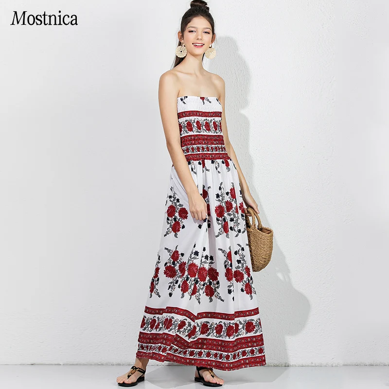 

Mostnica Bohemian Strapless Women Long Dress for Beach Flower Off Shoulder Vintage Streewear Summer Lady Split Dresses Female