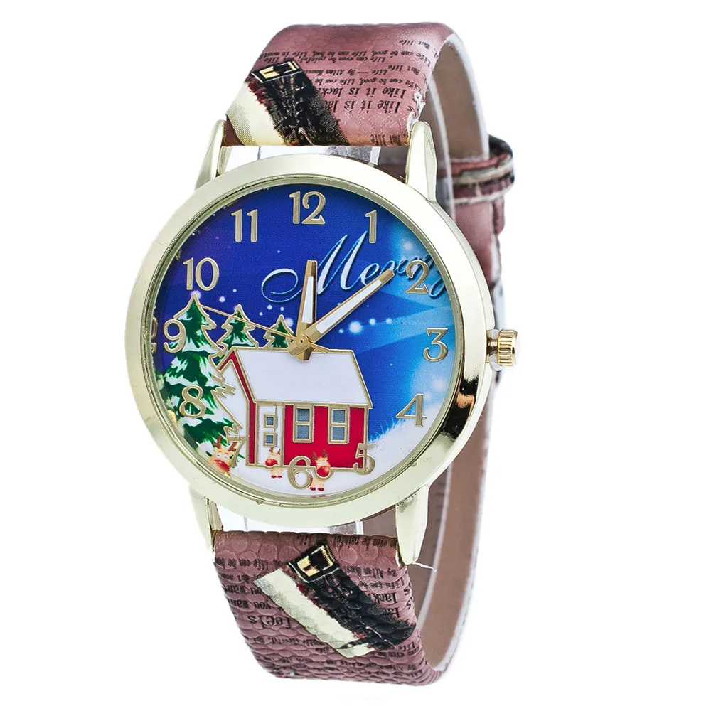 Бренд милые из искусственной кожи часы с ремешком-браслетом Рождественский домик шаблон Кожаный ремешок модные кварцевые аналоговые цифровые часы