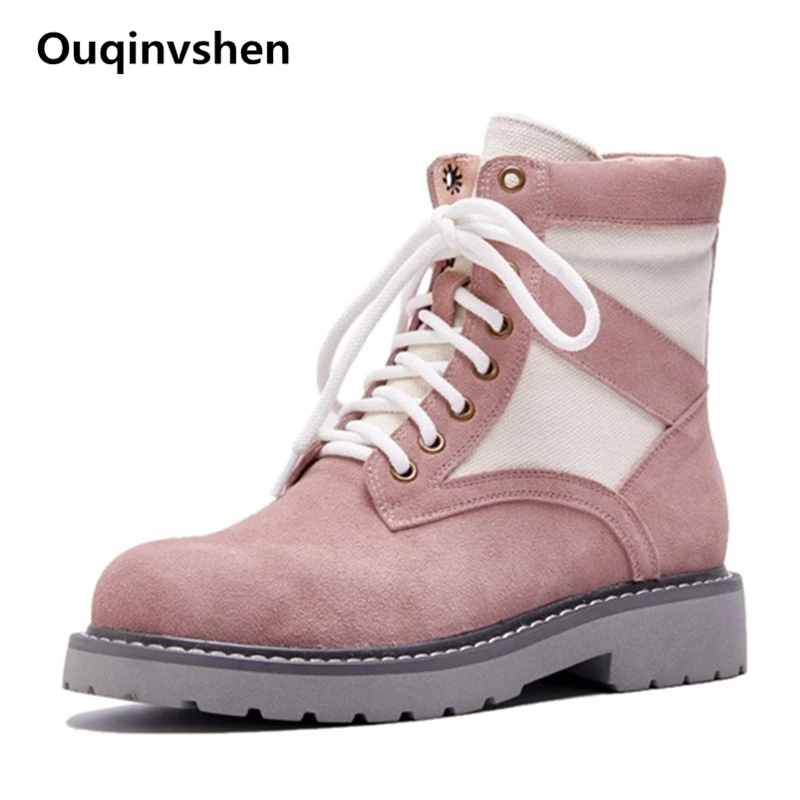 

Ouqinvshen Booties 2018 Woman Concise Sweet Pink Ankle Boots Women Round Toe Winter Lace Up Boots Cow Suede Black Flat Boots 3CM