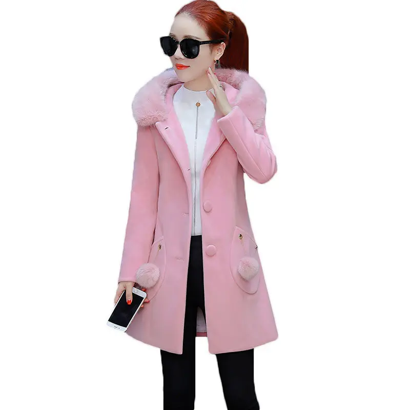 #*Cheap Woolen Coat Female Long Section 2018 Autumn Winter New Thicken Solid Color Women #039;s Big Fur Collar Hooded Slim Wool Coat LQ511