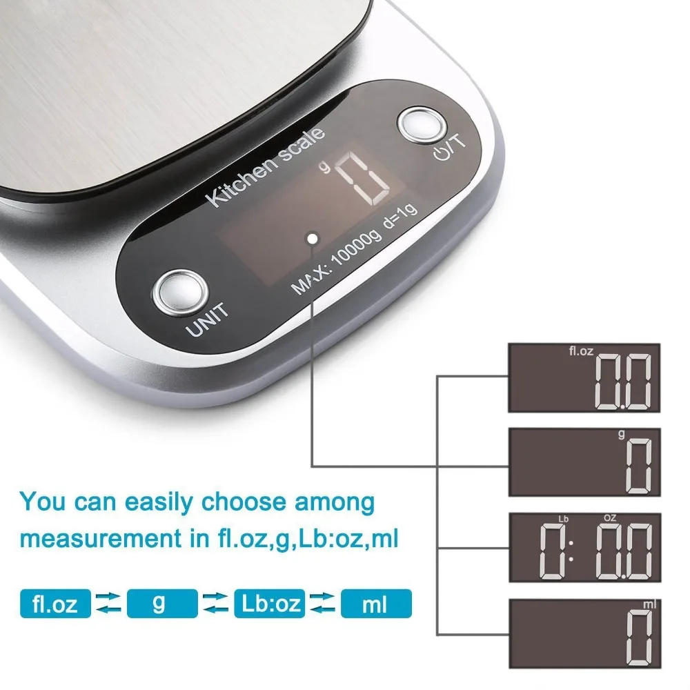 Практичные цифровые кухонные весы Многофункциональные кухонные весы 22 фунта 10 кг серебряные электронные весы из нержавеющей стали