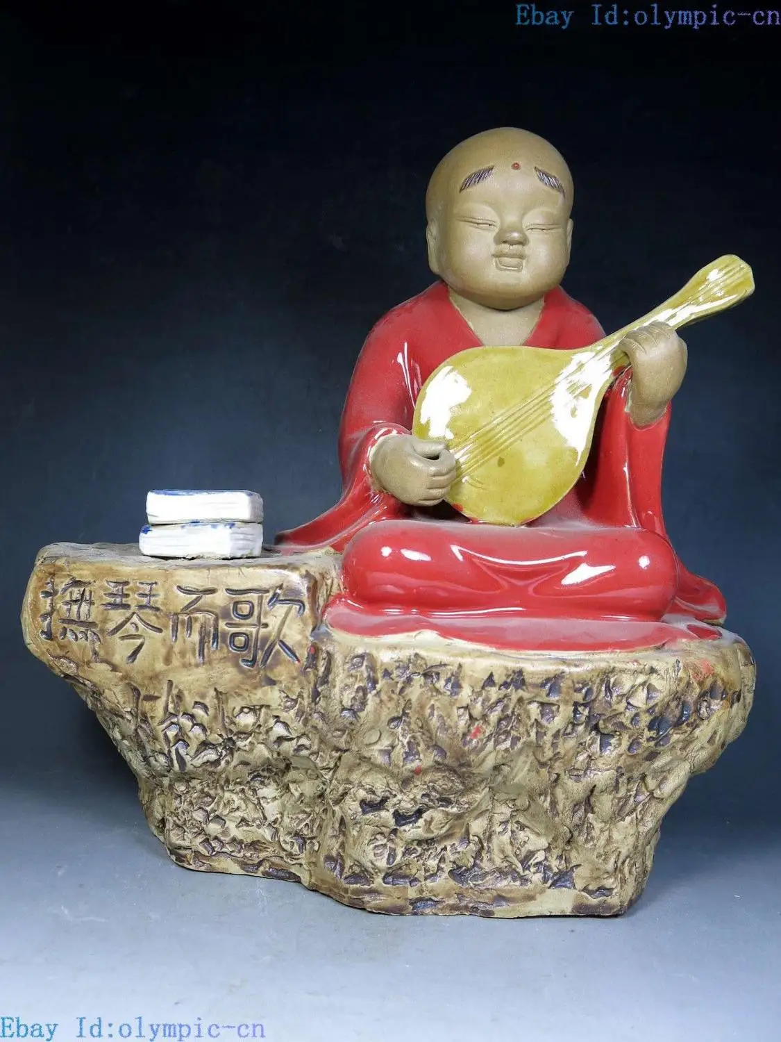 

11" China handmade Pottery sculpture red lucky fine Monk play the zither Statue (D0426)