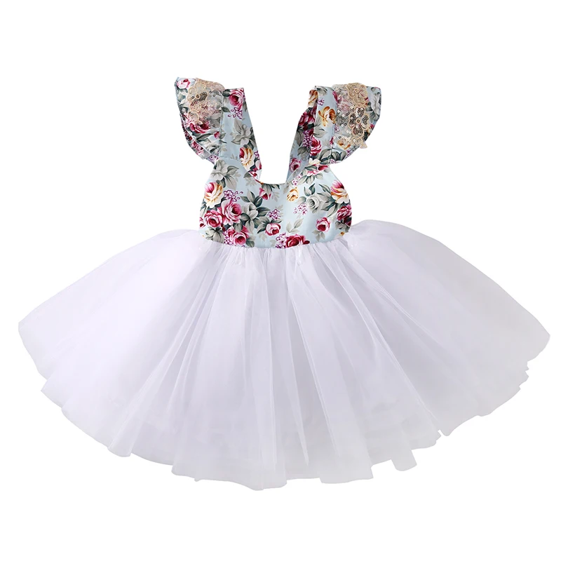 Модная Милая одежда От 0 до 5 лет летнее праздничное платье-пачка принцессы с круглым вырезом и цветочным принтом для новорожденных девочек - Цвет: Белый