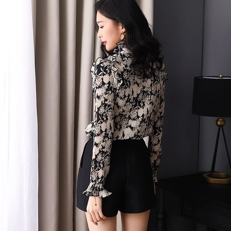 Volants Col 2019 À Qualité Été Vintage De Imprimer Haute Longues Blouse Manches Mousseline Printemps Femme Chemise Blusas Dames Plissée En Soie 3qALc54Rj