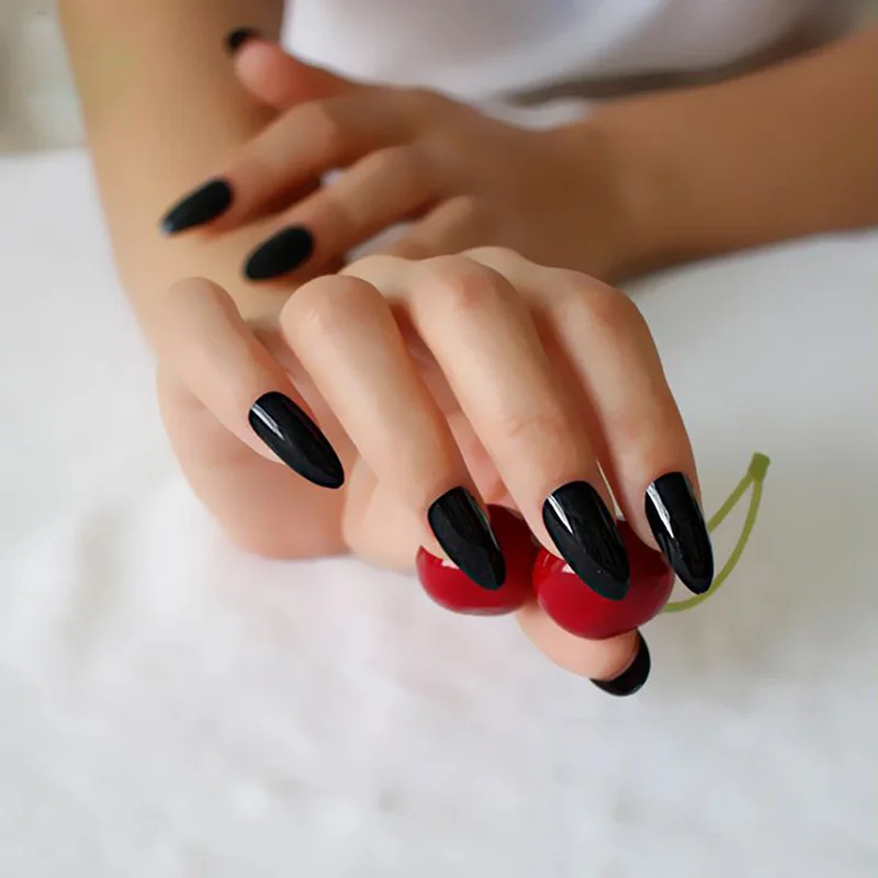 

24PCS Black Full Cover Sharp Ending Nail Tips Fake Acrylic Nails Stiletto False Nail Tips Normal Sizes DIY Salon