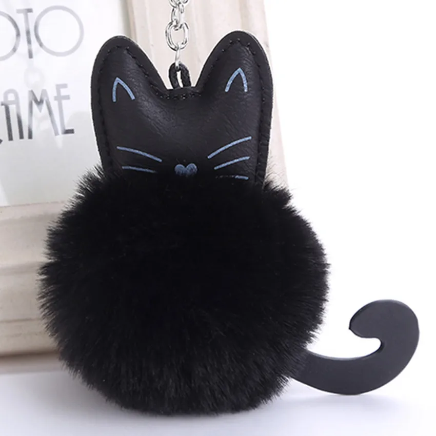 

Cat Keychain Pom Pom Black Leather Fluffy Faux Fur Cute Lucky Cat Key Chain Car Bag Handbag Charms Porte Clef Pompom De Fourrure
