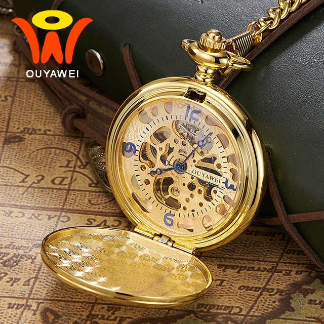 Ouyawei Luxury Gold Mechanical Hand Winding Pocket Watches With Chain Skeleton T Ouyawei Luxury Gold Mechanical Hand Winding Pocket Watches With Chain Skeleton T