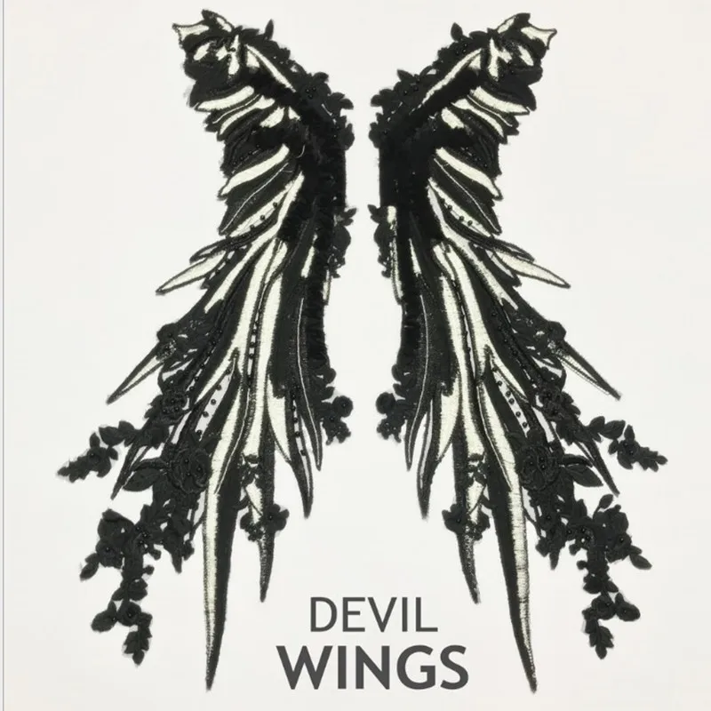 

1Pcs Angle Wing Patch Exquisite Luxury Embroidery Chiffon Fabric Bead Wing Patches Sew On Clothes Jean White Black Accessory DIY