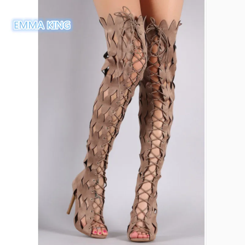 

2018 Autumn Sexy Leaves Hollow Thigh High Boots Lace Up Over The Knee Women's Boots Peep Toe Stilettos Cross Strap Botas Mujer
