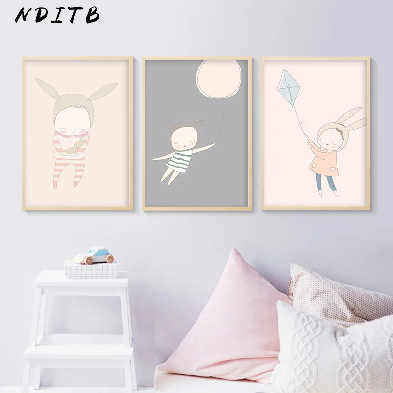

NDITB Cartoon Girl Balloon Canvas Art Painting Posters and Prints Nordic Kids Decoration Wall Picture for Living Room