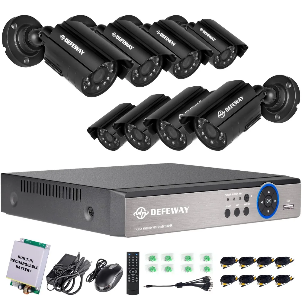 

DEFEWAY 8CH 1200TVL HD Outdoor Home Security Camera System CCTV Video Surveillance DVR Kit with Emergency battery New Arrival