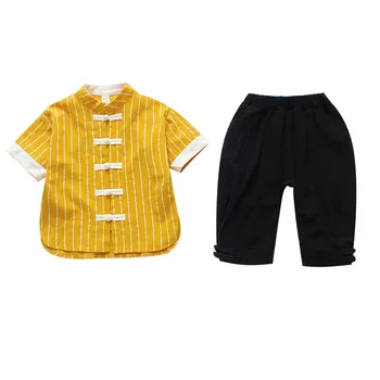 

simple striped chinese style 2 pcs sets short sleeve t-shirt + pants age 1 - 8 yrs children clothes 2019 new summer boys outfits