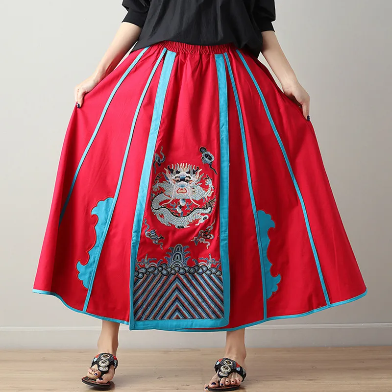 Traditional Chinese Skirts Womens 2018 Autumn Vintage Ethnic Dragon Embroidery Skirt High Waist