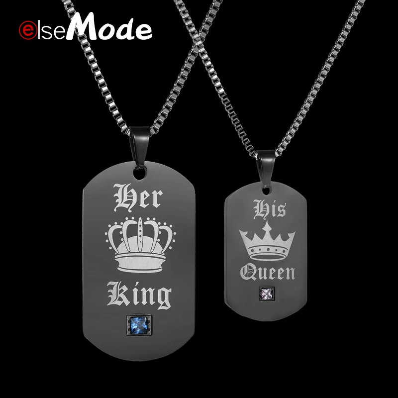 

ELSEMODE Her King & His Queen CZ Stone Tags Personalize Engrave Name Necklace Military Army Cards for Lover Women Men Jewelry