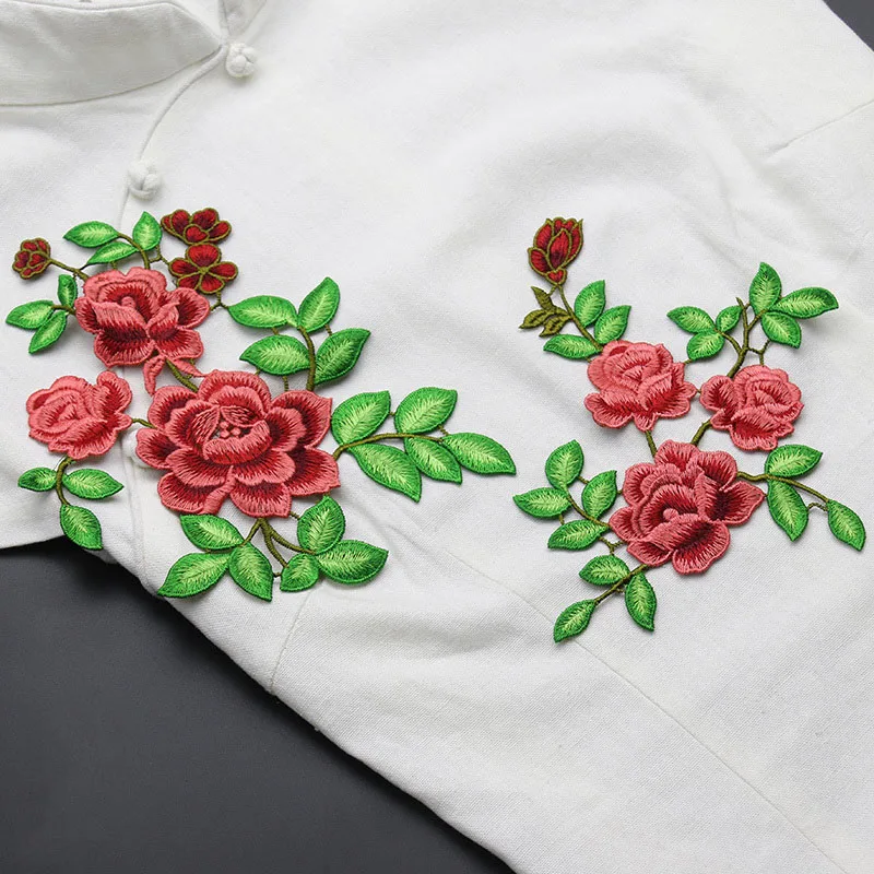 

High Quality Red Flower Cloth Patches 15*19cm Clothes Skirt Decorative Decals DIY Clothing Sew On Flower Embroidered Patches