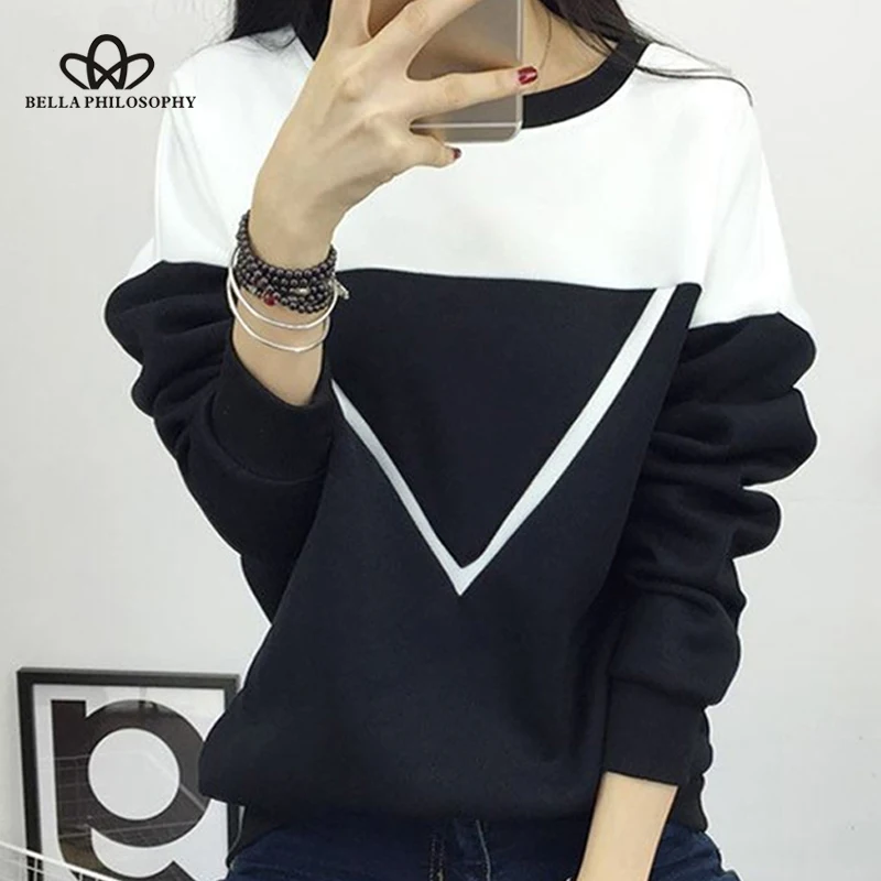 Wonder Spring fashion O-neck V Pattern Women Hoodies Fleece Black And White Spell Color Female Casual Pullovers 2019 new S-XXL