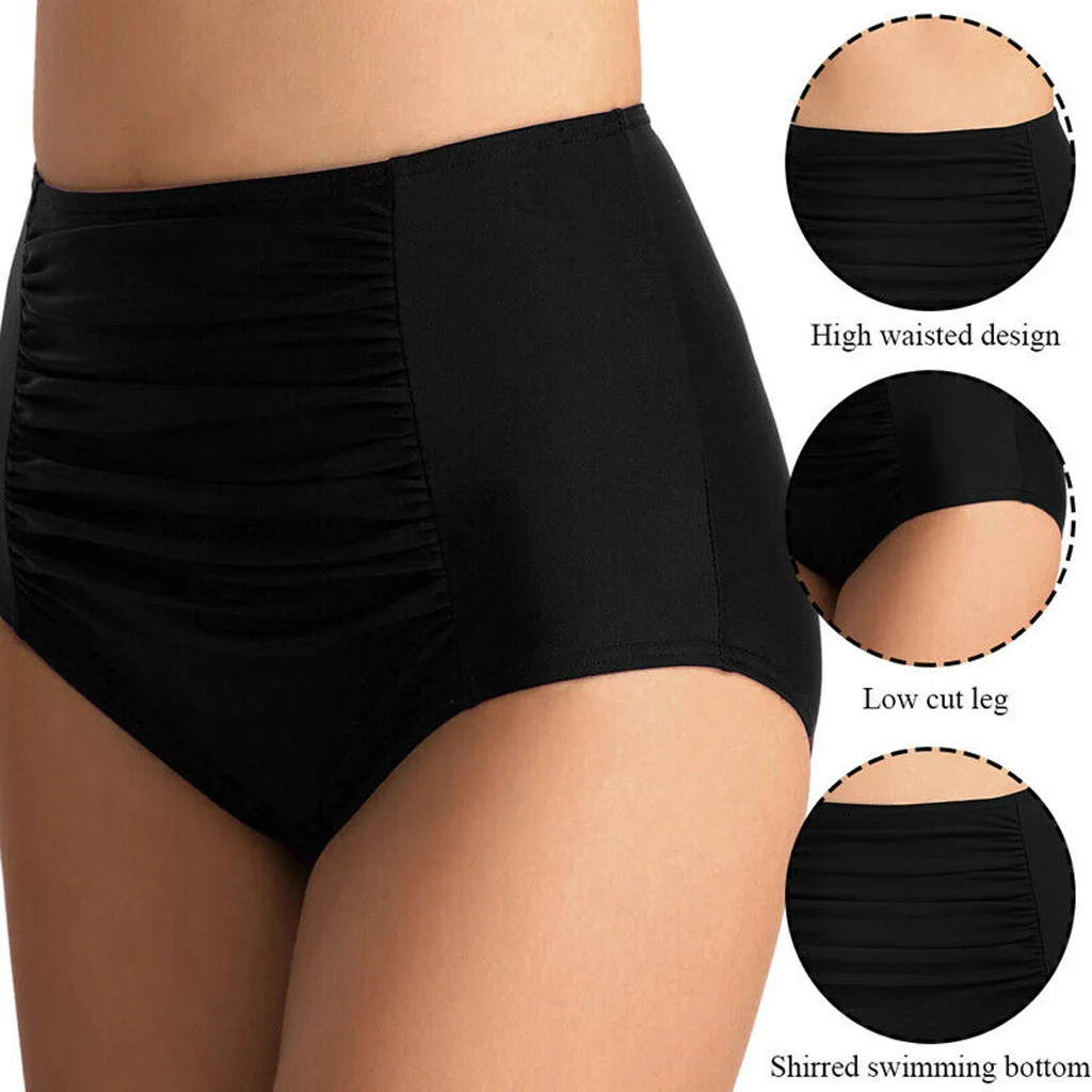 Sexy High Waisted Bikini Bottoms Swimwear Shorts Black Pleated Bathing Suit Bottoms Plus Size Women swimsuit Briefs panties