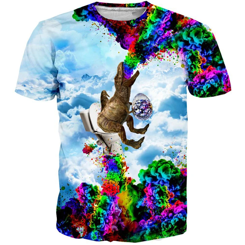 

YX Girl 2019 Summer Unisex Tops Tees DINO Rex Spray Rainbow Smoke For Men Women Short Sleeve O-neck T shirt Streetwear Dropship
