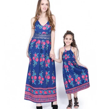 

2018 Mother and Daughter Summer Sleeveless Floral Print Vintage Style Long Dress Family Matching Casual Clothes