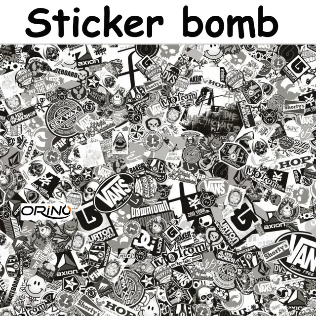 White & Black StickerBomb Vinyl Wrap With Air Bubble Free real Logos